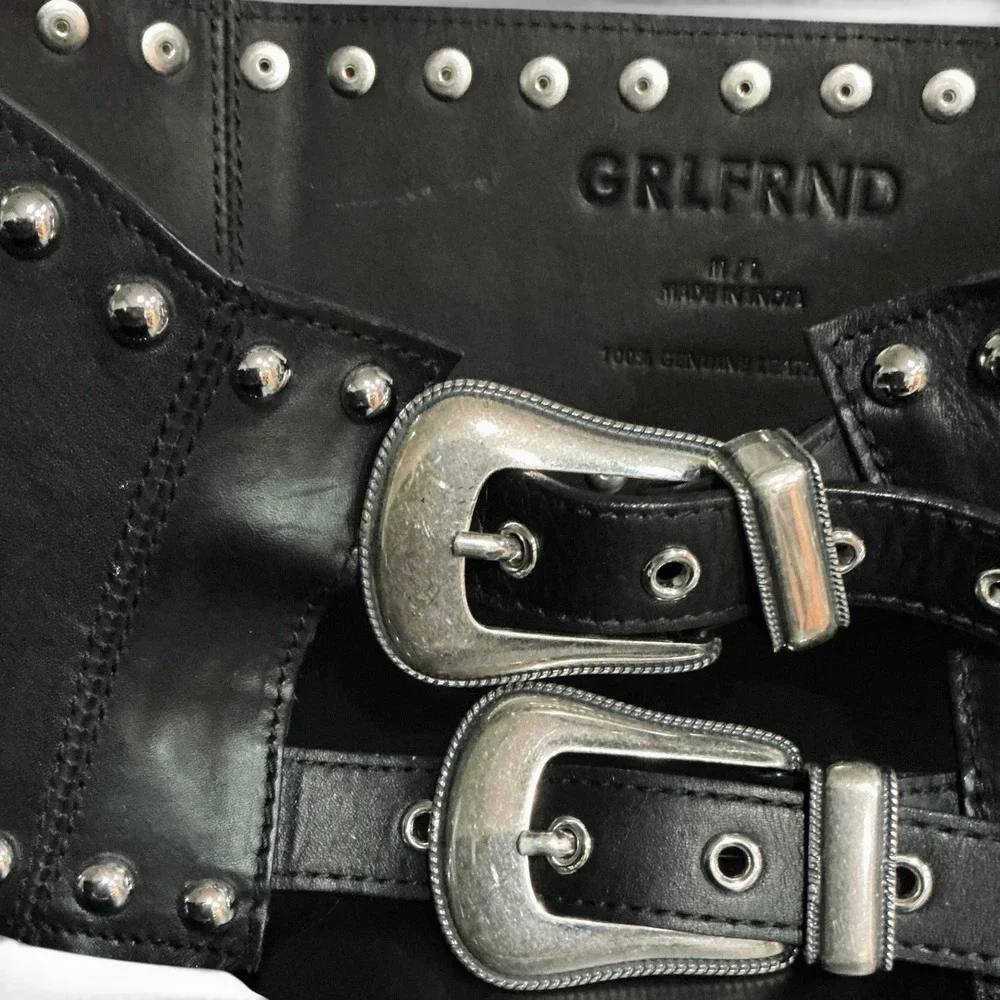 GRLFRND Wide Leather Studded Waist Corset Belt Western Rock Glam Black M/L